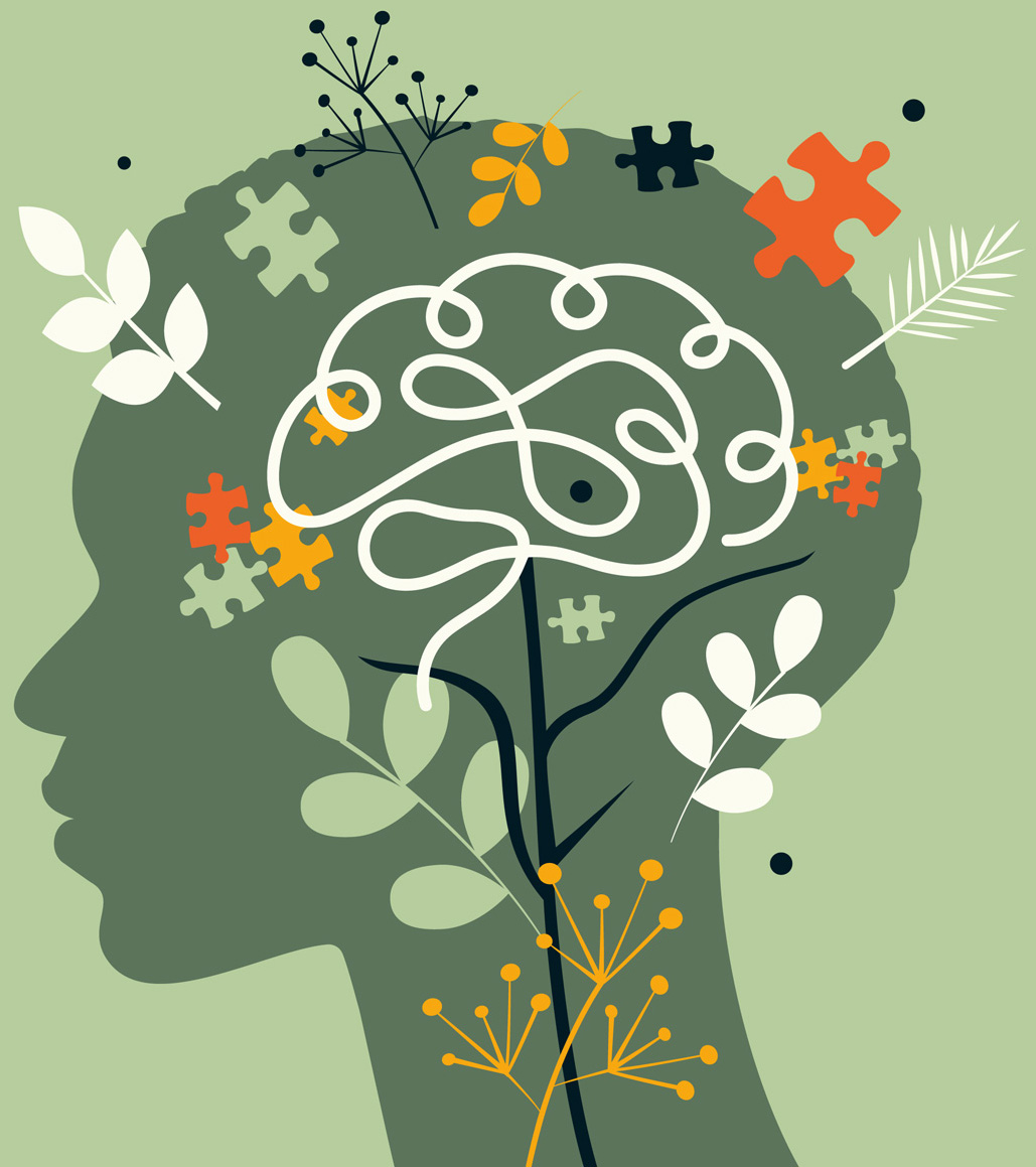 Kopfsilhouette mit stilisiertem Gehirn, umgeben von Puzzleteilen, Blättern und floralen Elementen in Grün, Orange und Weiß